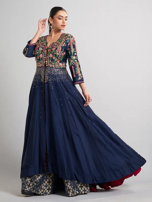 Peacock blue silk anarkali palazzo suit