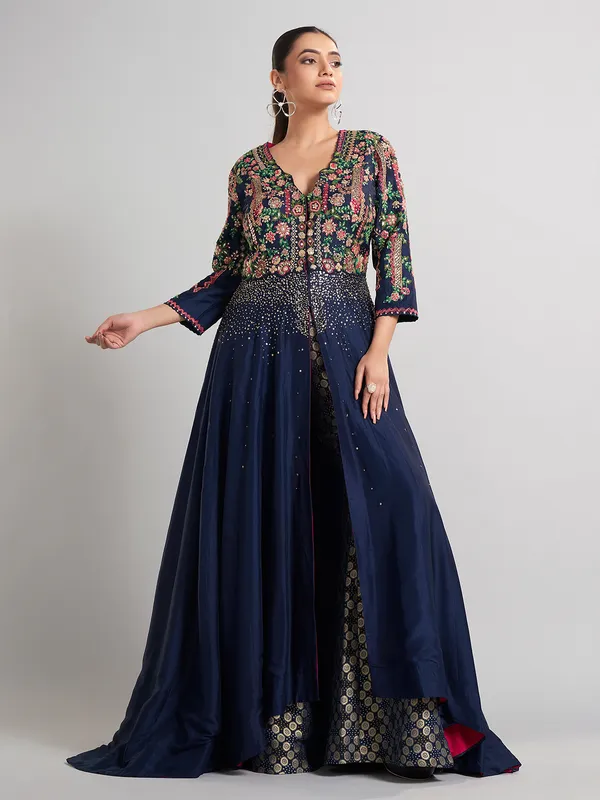 Peacock blue silk anarkali palazzo suit