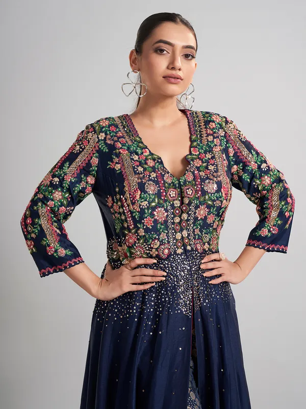 Peacock blue silk anarkali palazzo suit