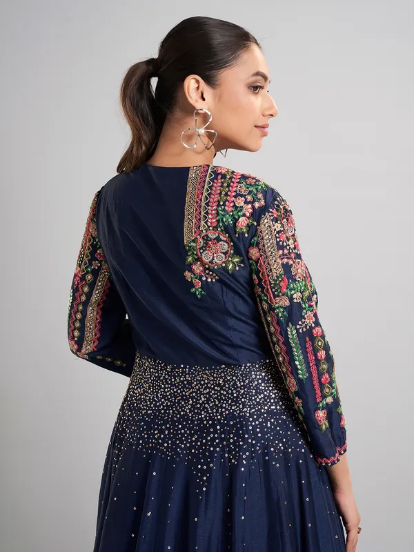 Peacock blue silk anarkali palazzo suit