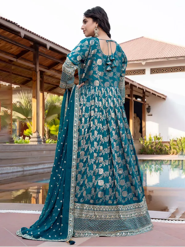 Peacock blue silk anarkali suit for wedding