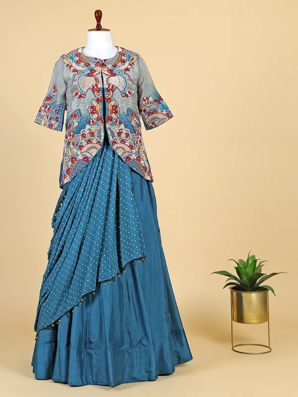 Peacock blue silk lehenga suit
