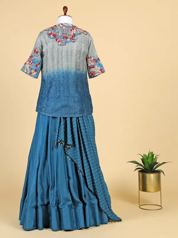 Peacock blue silk lehenga suit