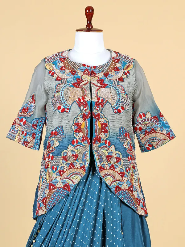 Peacock blue silk lehenga suit