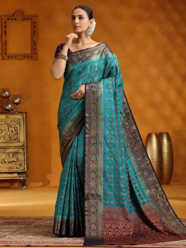 Peacock blue silk saree for wedding