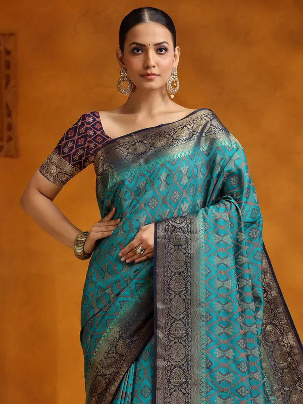 Peacock blue silk saree for wedding