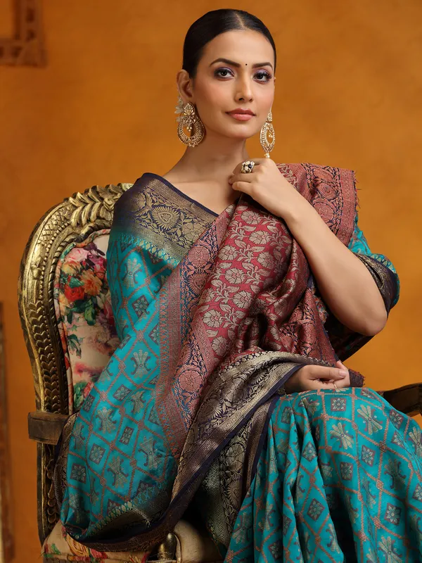 Peacock blue silk saree for wedding