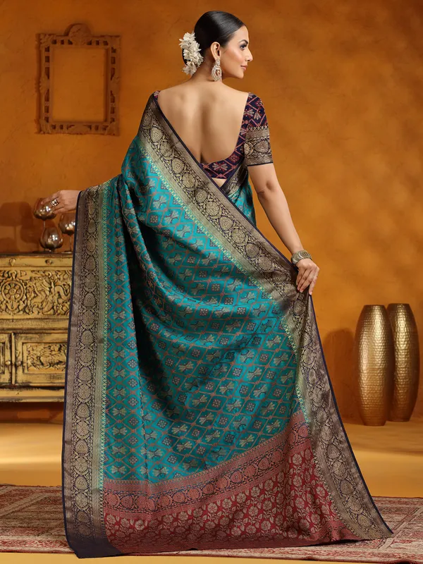 Peacock blue silk saree for wedding
