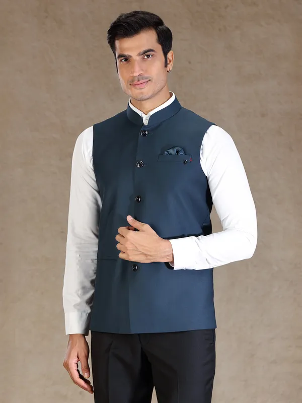 Peacock blue silk waistcoat only for men