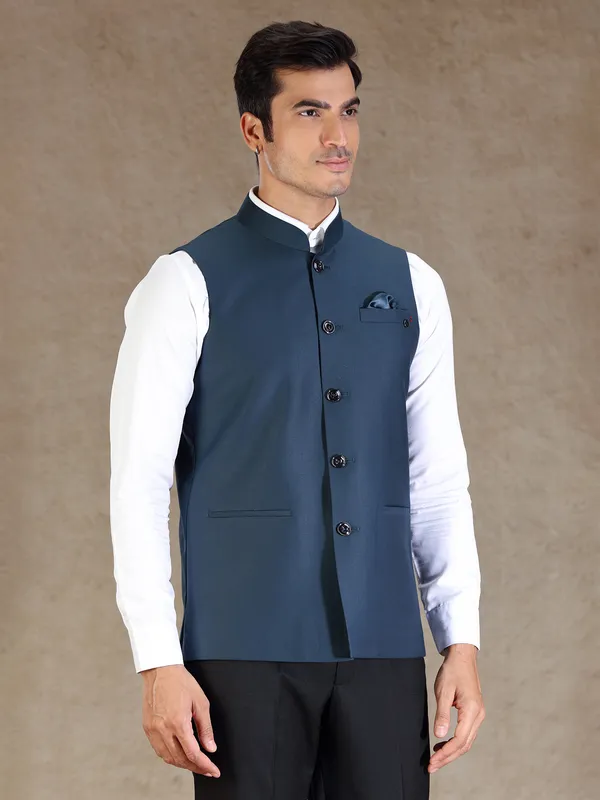 Peacock blue silk waistcoat only for men