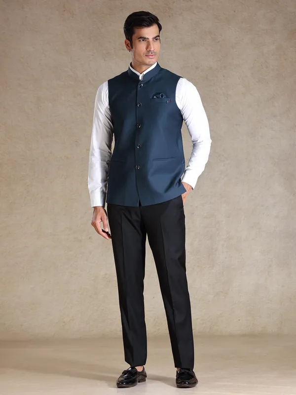 Peacock blue silk waistcoat only for men