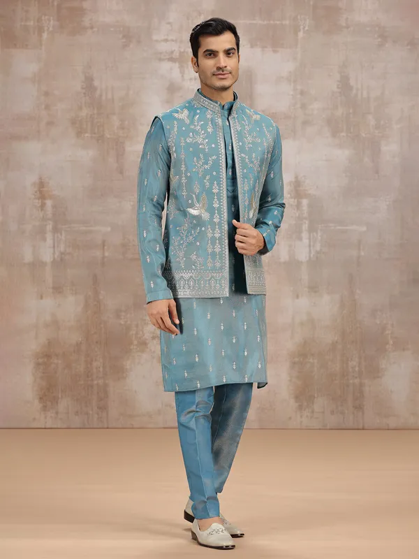 Peacock blue silk wedding waistcoat set