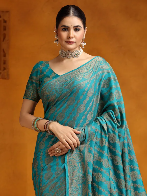 Peacock blue silk wedding wear saree