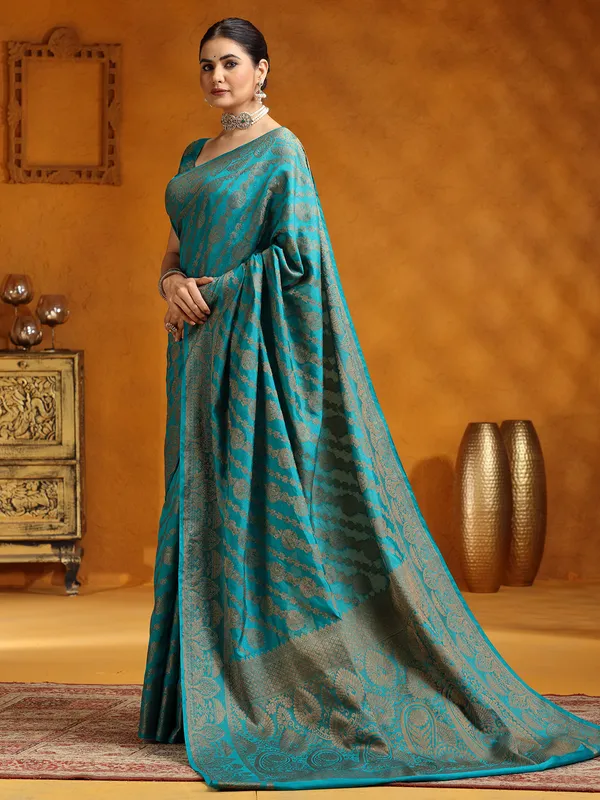 Peacock blue silk wedding wear saree