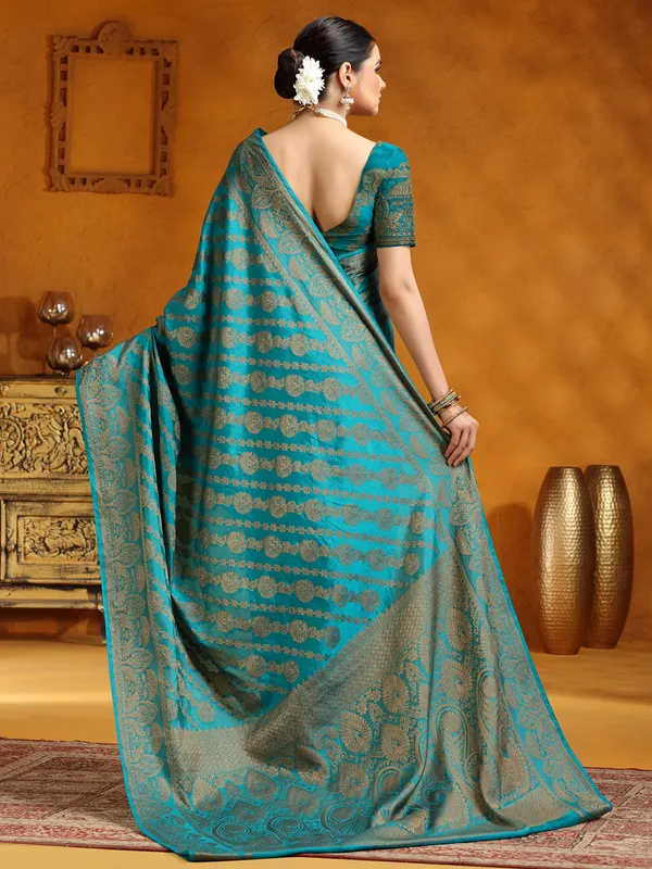 Peacock blue silk wedding wear saree