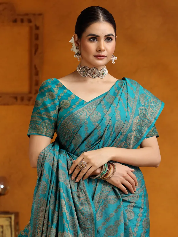 Peacock blue silk wedding wear saree