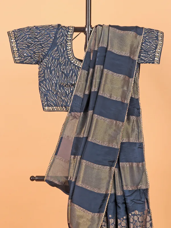 Peacock blue soft organza saree for women