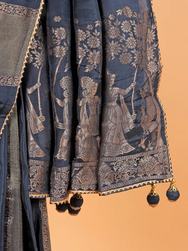Peacock blue soft organza saree for women