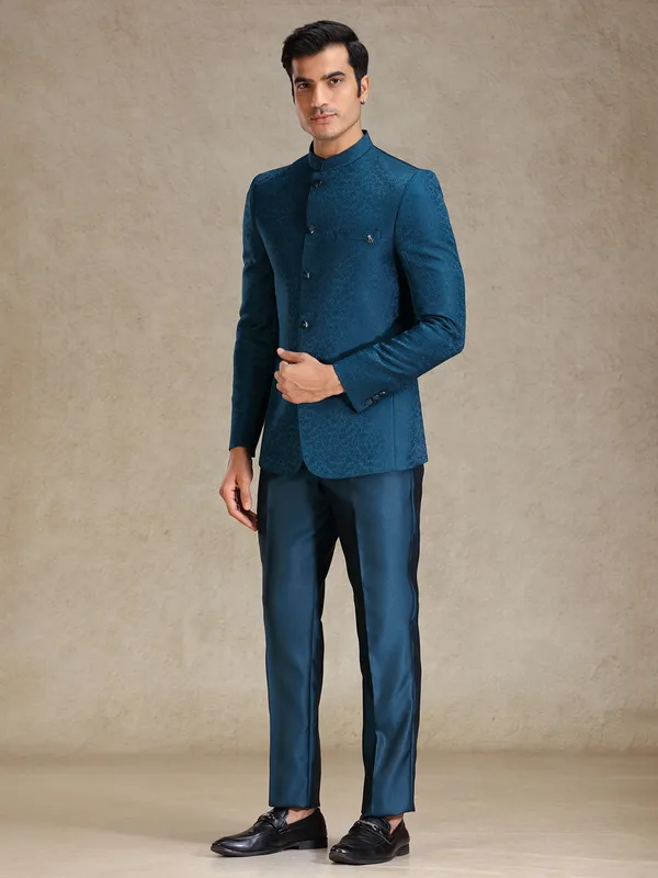Peacock Blue textured jacquard net bandh gala suit