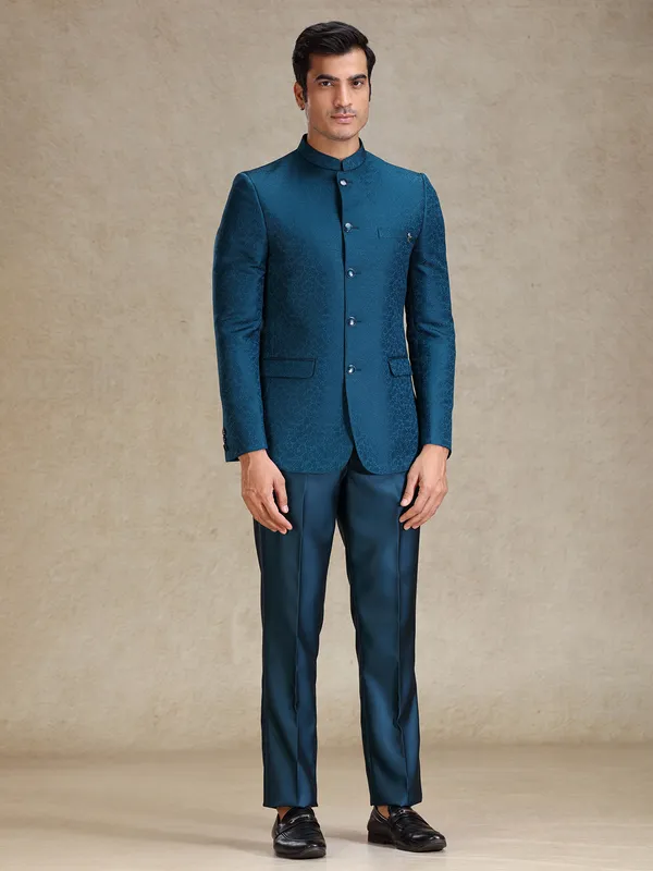 Peacock Blue textured jacquard net bandh gala suit