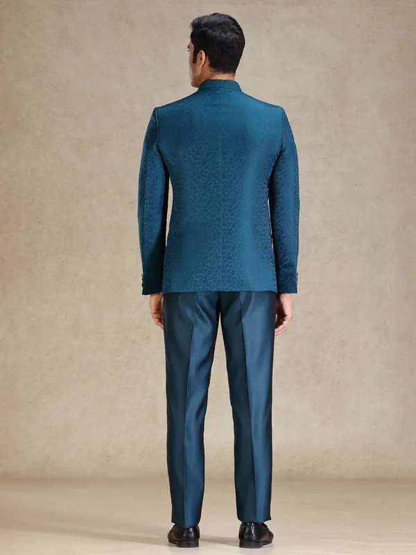 Peacock Blue textured jacquard net bandh gala suit