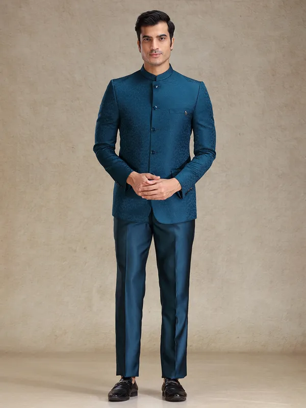 Peacock Blue textured jacquard net bandh gala suit