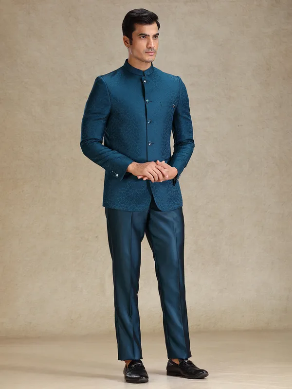 Peacock Blue textured jacquard net bandh gala suit