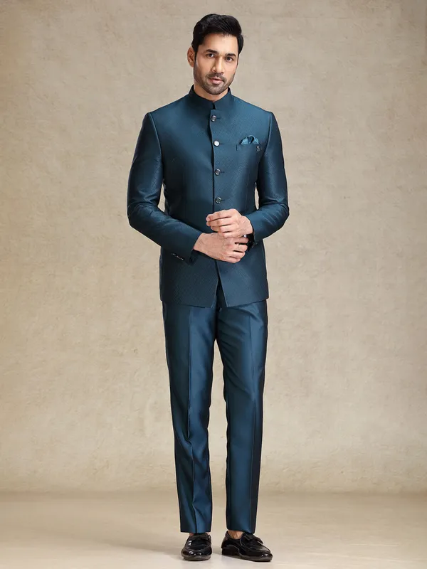 Peacock blue textured jodhpuri set