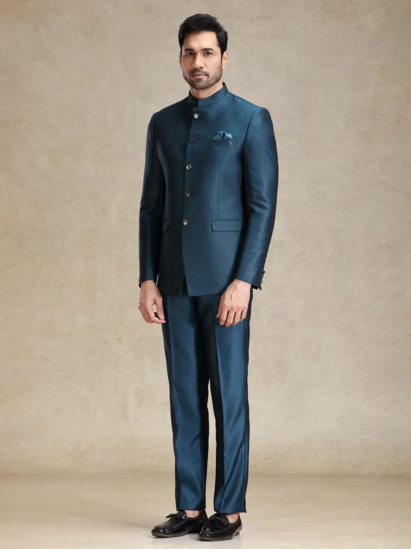 Peacock blue textured jodhpuri set