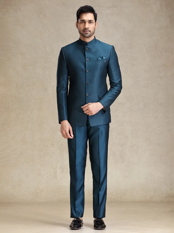 Peacock blue textured jodhpuri set