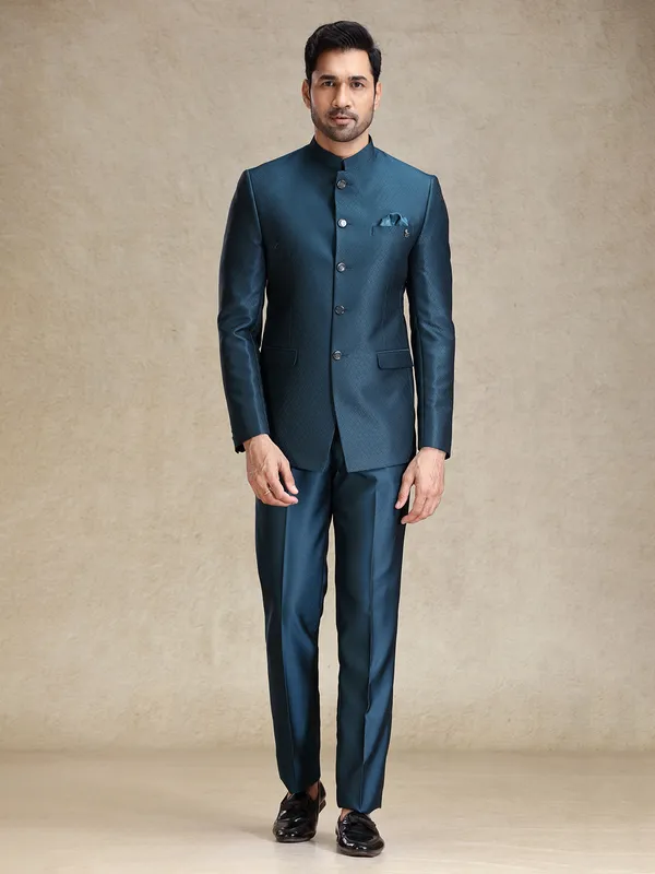 Peacock blue textured jodhpuri set