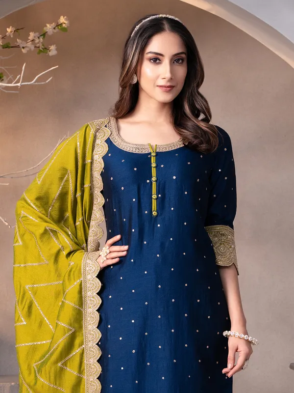 Peacock blue thread work silk salwar suit