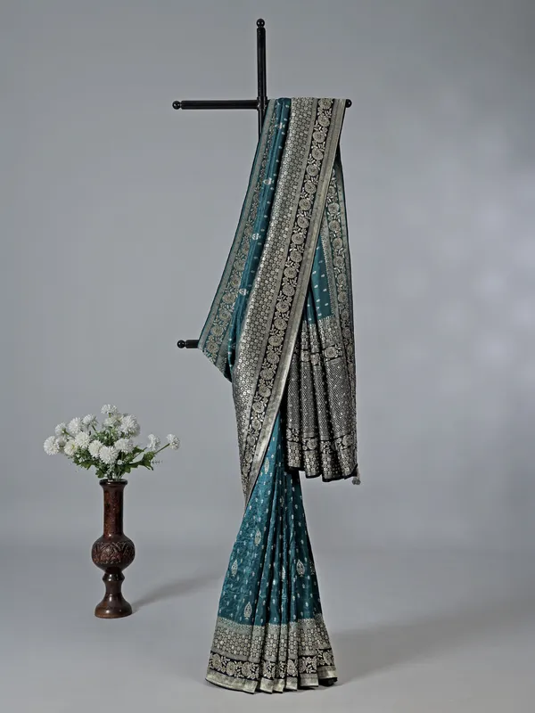 Peacock green dola silk zardosi work saree