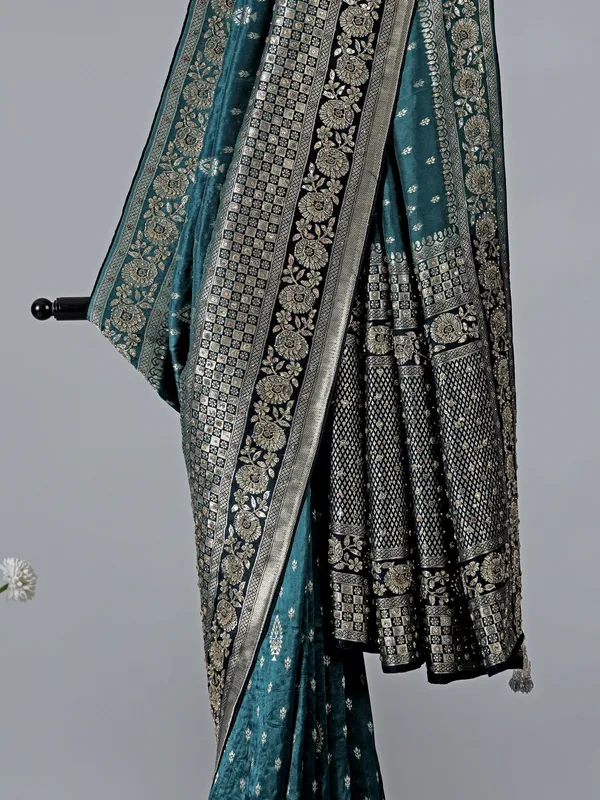Peacock green dola silk zardosi work saree