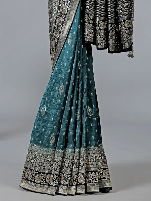 Peacock green dola silk zardosi work saree