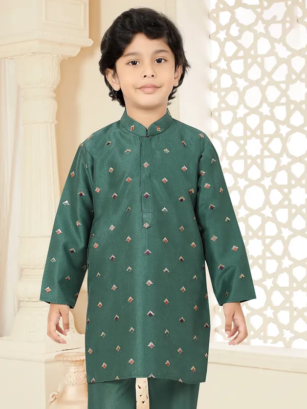 Peacock green embroidered cotton silk festive kurta suit