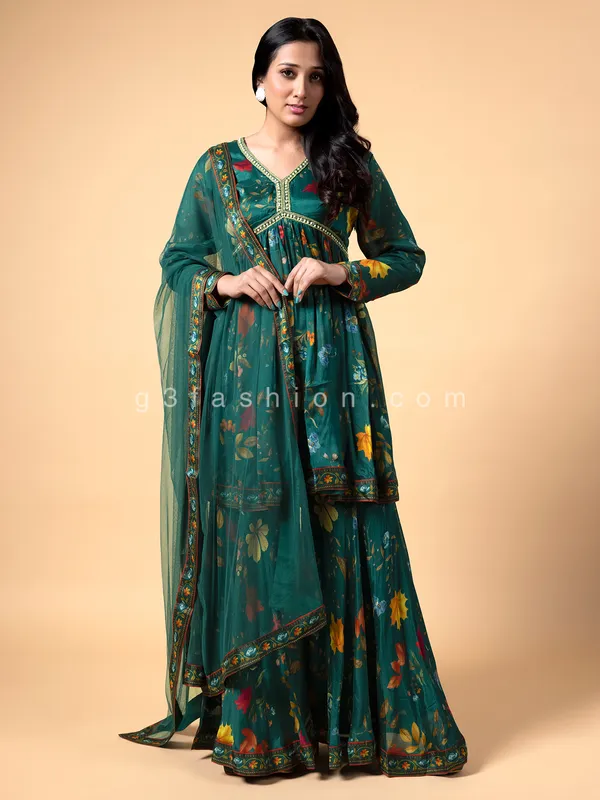 Peacock green georgette and silk sharara suit