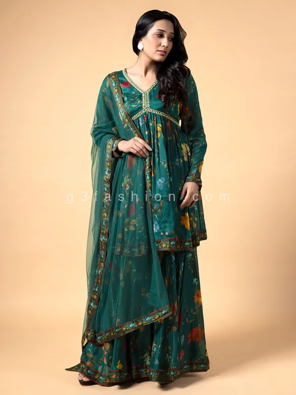 Peacock green georgette and silk sharara suit