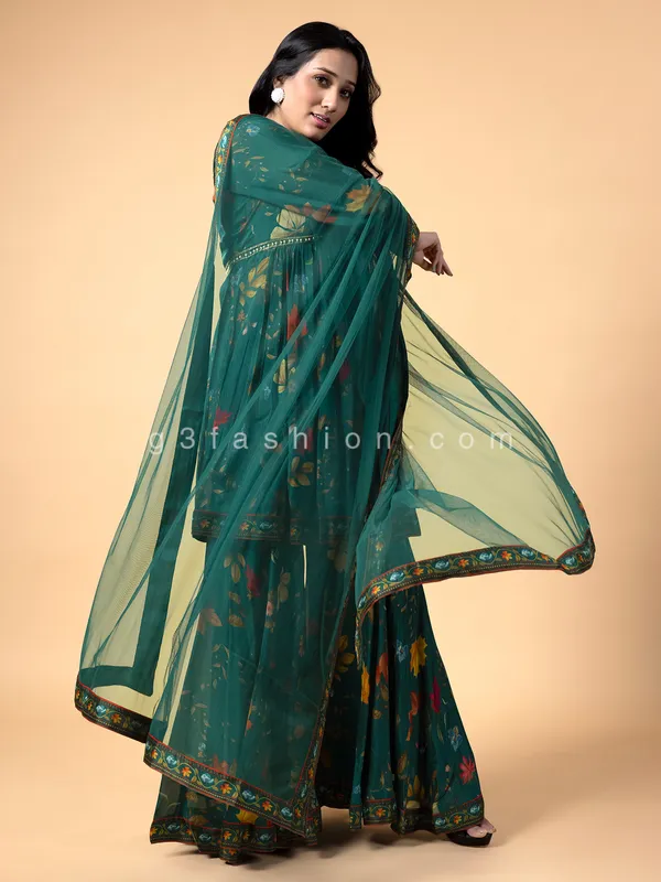 Peacock green georgette and silk sharara suit