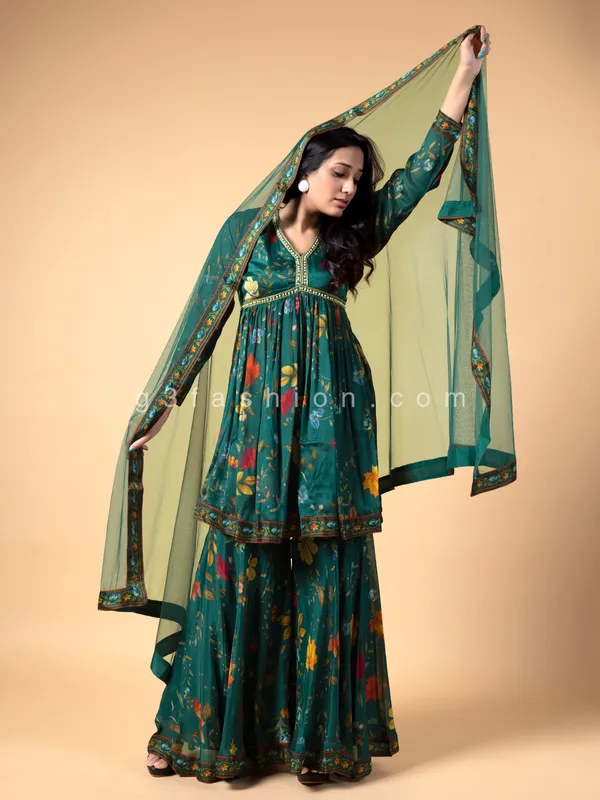 Peacock green georgette and silk sharara suit