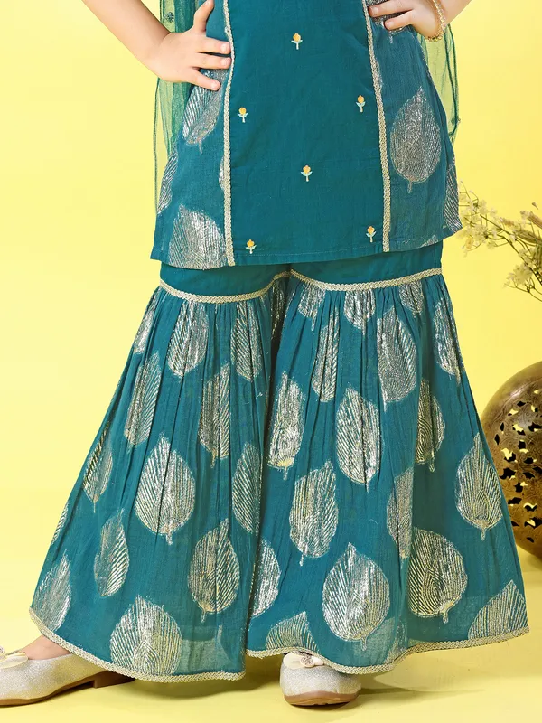 Peacock green pakistani style sharara suit with dupatta