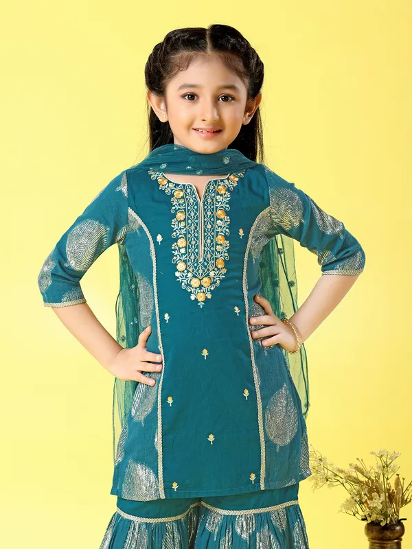 Peacock green pakistani style sharara suit with dupatta