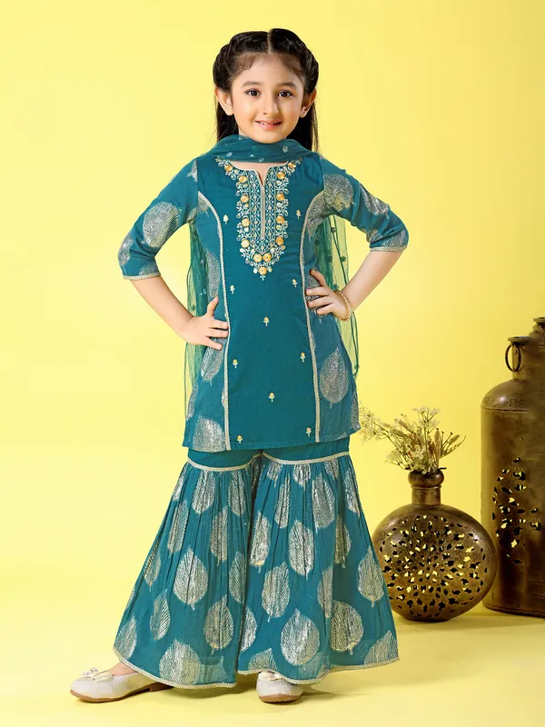 Peacock green pakistani style sharara suit with dupatta