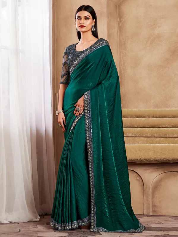 Peacock green party wear silk saree