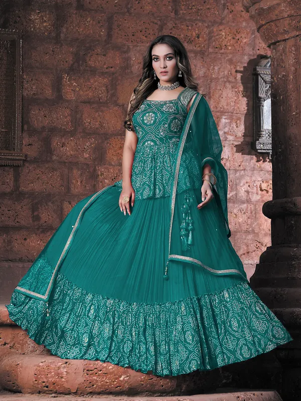 Peacock green printed georgette lehenga choli
