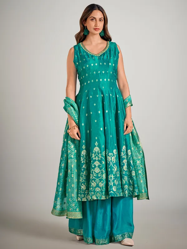 Peacock green silk palazzo suit