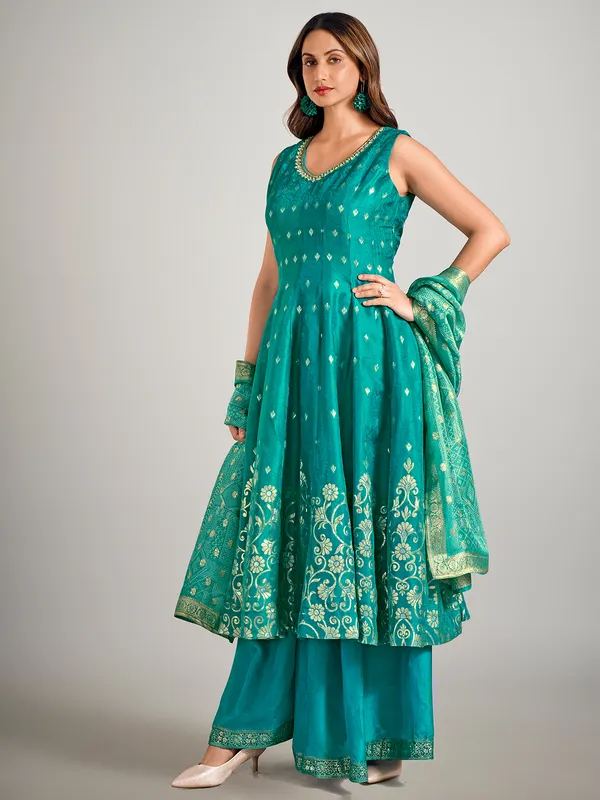 Peacock green silk palazzo suit