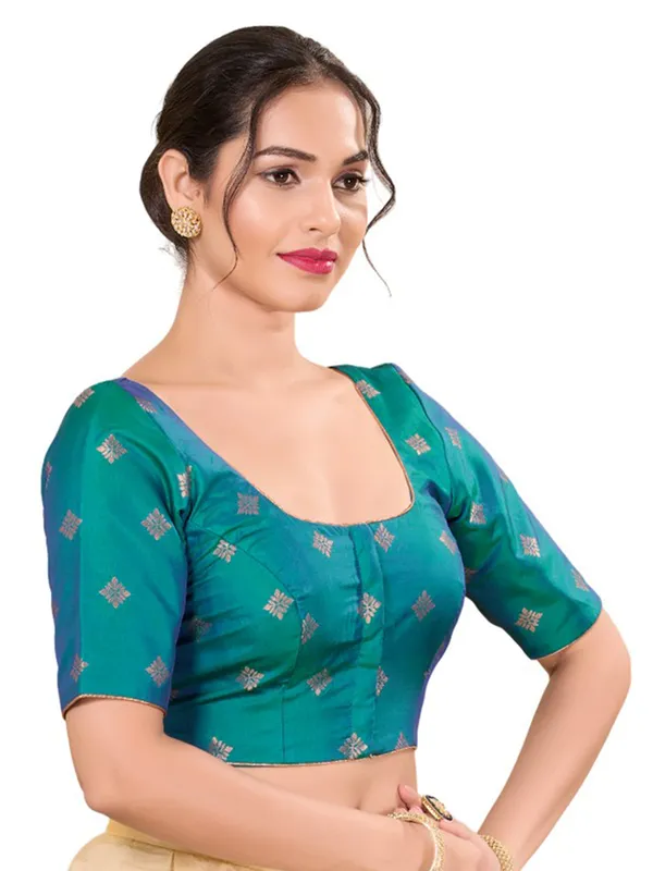 Peacock green silk ready made blouse