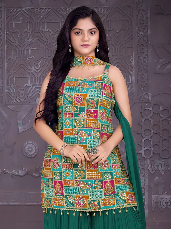 Peacock green silk sharara suit with diamond detailing