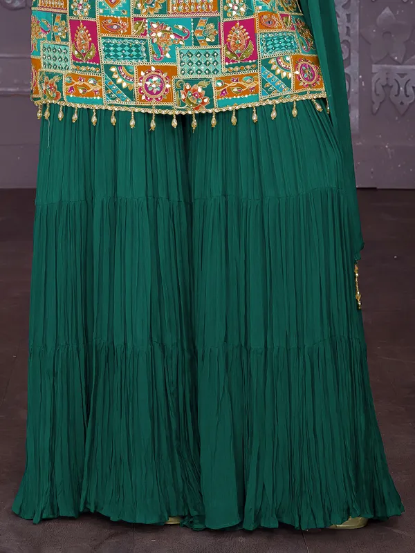 Peacock green silk sharara suit with diamond detailing
